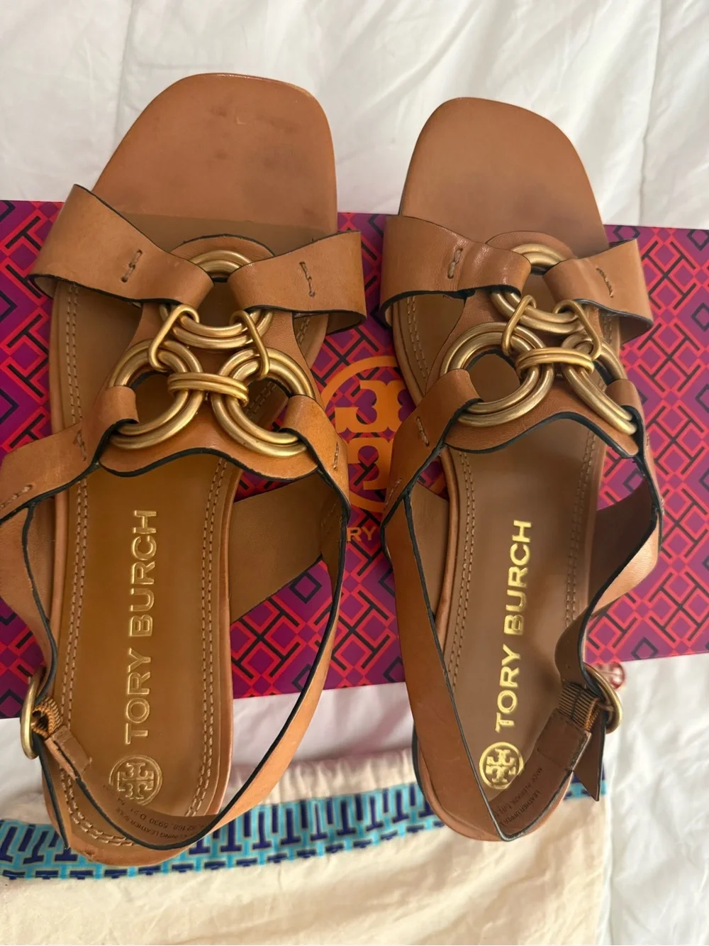 Tory Burch Tan Leather Slingback Sandals with Gold Rings
